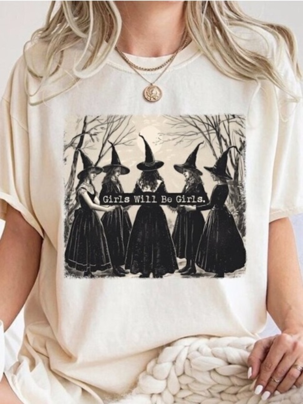 Girls will be girls Graphic Tee with Black Witch Illustration